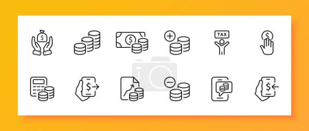 Illustration for Banking icon set. Dollar, tax, bill, coins, bag, plus, minus, calculator. Black icon on a white background. Vector line icon for business and advertising - Royalty Free Image