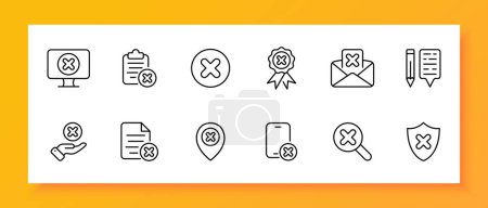 Cancel icon set. Monitor, list, cross, medal, mail, shield, file, smartphone, gps label. Black icon on a white background. Vector line icon for business and advertising