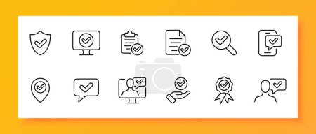 Illustration for Confirmation icon set. Check mark, shield, approved account, monitor, smartphone, magnifying glass, information. Black icon on a white background. Vector line icon for business and advertising - Royalty Free Image