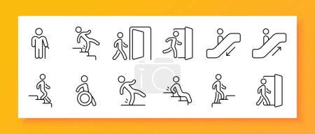 Moving icon set. Steps, cane, escalator, up, down, door, slippery floor, disability. Black icon on a white background. Vector line icon for business and advertising