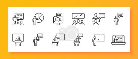Public speaking icon set. Graph, arrow diagram of stock price growth, microphone, sound, laptop. Black icon on a white background. Vector line icon for business and advertising