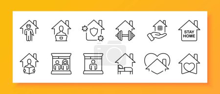 Stay home icon set. Vaccine, remote work, heart, construction, delivery, self-isolation. pandemic. Black icon on a white background. Vector line icon for business and advertising