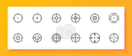Ilustración de Sight icon set. Target, front sight, sniper, aim, optics, gun, shot, trigger, butt, bullet. Black icon on a white background. Vector line icon for business and advertising - Imagen libre de derechos