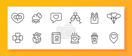 Illustration for Dating site icon set. Heart, patch, sensitivity, planet, cupid, cupid, mug, book. Black icon on a white background. Vector line icon for business and advertising - Royalty Free Image