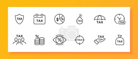 Tax icon set. Profit, money, interest, state, debt, bank, property, inspector, fee, apartment, declaration. Black icon on a white background. Vector line icon for business and advertising