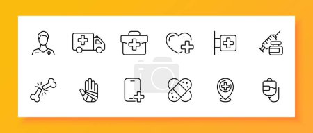 Medicine icon set. Ambulance, smartphone, plaster, GPS tag, blood transfer, crunching bones, first aid kit. Black icon on a white background. Vector line icon for business and advertising