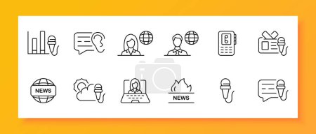 Illustration for News icon set. Microphone, schedule, reporter, message, ticker, audience, prime time. Black icon on a white background. Vector line icon for business and advertising - Royalty Free Image