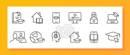 Online learning icon set. Book, video hosting, headphones, online call, smartphone, e-book. Black icon on a white background. Vector line icon for business and advertising