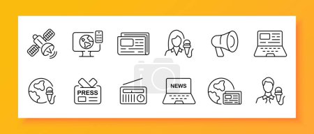 News icon set. Satellite, reporter, loudspeaker, laptop, press, newspaper, radio. Black icon on a white background. Vector line icon for business and advertising
