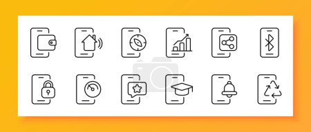 Illustration for Smartphone icon set. Electronic wallet, compass, share, bluetooth, lock, favorites, bell. Black icon on a white background. Vector line icon for business and advertising - Royalty Free Image