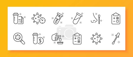 Illustration for Virus icon set. Chemistry, molecule, test, magnifying glass, search, cotton swab, blood, syringe. Black icon on a white background. Vector line icon for business and advertising - Royalty Free Image