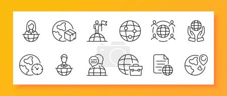 News icon set. International scale, delegation. reporter, interviewer, briefcase, planet, gps mark, flag. Black icon on a white background. Vector line icon for business and advertising