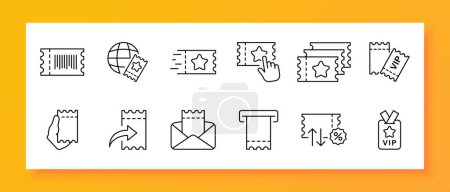 Illustration for Coupon icon set. VIP, discount, bonus, percentage, cashback, black Friday, sale, cheap. Black icon on a white background. Vector line icon for business and advertising - Royalty Free Image