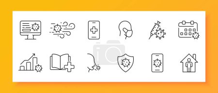 Virus icon set. Chemistry, molecule, test, magnifying glass, search, cotton swab, blood, syringe. Black icon on a white background. Vector line icon for business and advertising