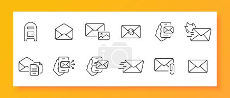 Illustration for Mail icon set. Cross, plus, dollar, asterisk, favorites, GPS tag, lock, password, minus, gear. Black icon on a white background. Vector line icon for business and advertising - Royalty Free Image