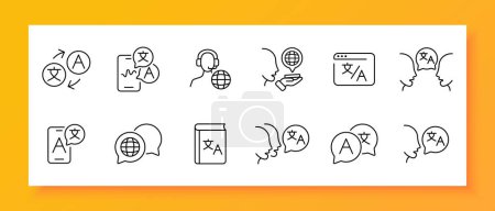 Translator icon set. Language, dictionary, foreigner, translate, words, linguist, money, courses. Black icon on a white background. Vector line icon for business and advertising