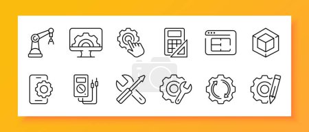 Illustration for Technologies icon set. Hydraulic arm, calculator, drawing, marking, ruler, smartphone, ammeter, screwdriver. Black icon on a white background. Vector line icon for business and advertising - Royalty Free Image
