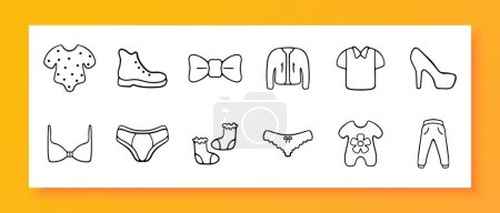 Illustration for Clothes icon set. Underwear, shoes, bra, jeans, heels. shoes. bow tie, jacket, t-shirt. Black icon on a white background. Vector line icon for business and advertising - Royalty Free Image