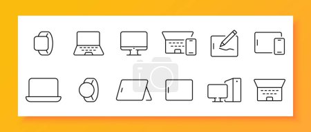 Gadgets icon set. Smart watch, tablet, system unit, monitor, smartphone, laptop. Black icon on a white background. Vector line icon for business and advertising