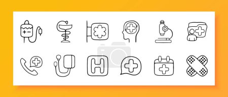 Illustration for Medicine icon set. Tablet, blister, heart, health, chemistry, pharmaceuticals, liquid soap, antiseptic. Black icon on a white background. Vector line icon for business and advertising - Royalty Free Image