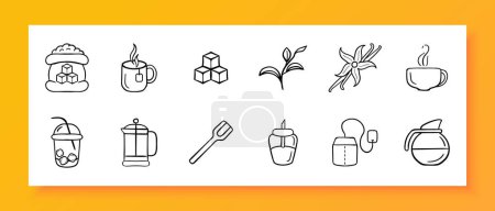 Zucker-Symbol gesetzt. Sand, Tee, Glas, Tüte, Tüte, Würfel, raffinierter Zucker. Schwarzes Symbol auf weißem Hintergrund. Vektor-Liniensymbol für Unternehmen und Werbung