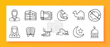 Islam icon set. Burqa, camel, namaz, traditions, religion, mosque, prophet, Koran, moon, dome, carpet. Black icon on a white background. Vector line icon for business and advertising