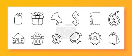 Discounts icon set. Coupon, sale, gift, tag, grocery cart, seven days a week, hot price, embroidery. Black icon on a white background. Vector line icon for business and advertising