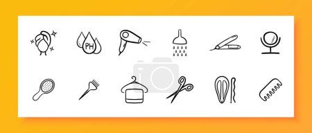 Scalp care icon set. Hairdryer, dryness, shampoo, conditioner, balm, beauty, haircut, styling. Black icon on a white background. Vector line icon for business and advertising