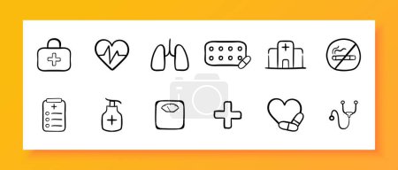 Medizin-Ikone gesetzt. Herz, Infarkt, Lunge, Asthma, Tabletten, Krankenhaus, Waage, Herzschlag. Schwarzes Symbol auf weißem Hintergrund. Vektor-Liniensymbol für Unternehmen und Werbung