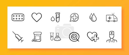 Medizin-Ikone gesetzt. Pillen, Herz, Tropfen, Krankenwagen, Reagenzglas, Spritze, Injektion, Entspannungsmittel, Chemie. Schwarzes Symbol auf weißem Hintergrund. Vektor-Liniensymbol für Unternehmen und Werbung