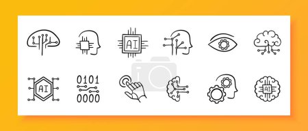 Illustration for Technologies icon set. Gear, monitor, cloud storage, artificial intelligence, information, neural network, robot. Black icon on a white background. Vector line icon for business and advertising - Royalty Free Image