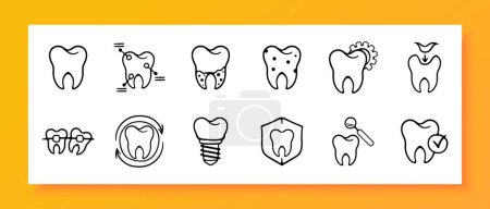 Illustration for Teeth icon set. Caries, dentist, mouth, fangs, enamel, paste, pain, jaw, brush, gums, tongue. Black icon on a white background. Vector line icon for business and advertising - Royalty Free Image