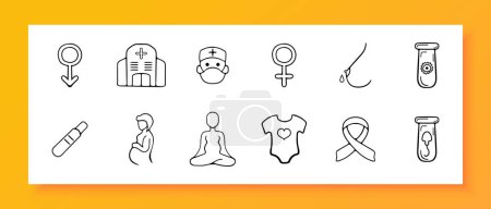 Illustration for Motherhood icon set. Stroller, embryo, baby, DNA, chromosomes, pregnancy test, vitamins, iron. Black icon on a white background. Vector line icon for business and advertising - Royalty Free Image
