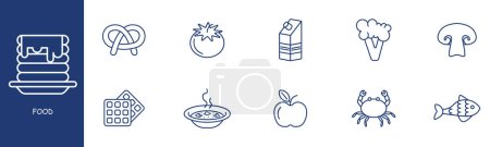 Téléchargez les illustrations : Icône de ligne de nourriture. bretzel, tomate, lait, brocoli, champignons, crabe, poisson, assiette, soupe, plat. Couleur pastel fond Icône de ligne vectorielle pour les entreprises et la publicité - en licence libre de droit