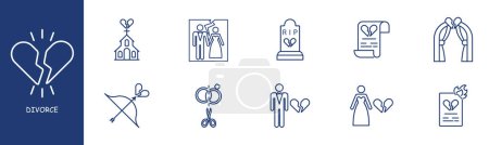 Illustration for Divorce set line icon. Church, document, veil, rings, priest, ritual, Cupid. Pastel colors background Vector line icon for business and advertising - Royalty Free Image