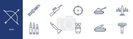 Illustration for War set line icon. Knife, sight, rifle, tanks, equipment, bomb, rocket, cartridges. Pastel colors background Vector line icon for business and advertising - Royalty Free Image
