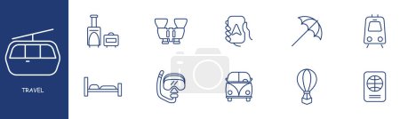 Illustration for Travel set line icon. Umbrella, train, binoculars, bed, GPS, smartphone, passport, document. Pastel colors background Vector line icon for business and advertising - Royalty Free Image