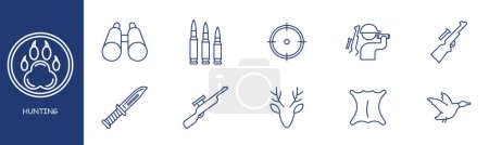 Hunting set line icon. Binoculars, caliber, knife, skinning, hunter, cartridge case, deer. Pastel colors background Vector line icon for business and advertising