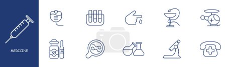 Illustration for Medicine set line icon. Analysis, blood, helicopter, chemicals, flask, beaker, microscope, magnification. Pastel colors background Vector line icon for business and advertising - Royalty Free Image