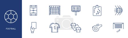 Illustration for Football set line icon. Gate, pass, sport, athletics, running, good form, card, game plan. Pastel colors background Vector line icon for business and advertising - Royalty Free Image