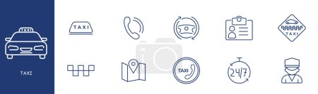 Taxi set line icon. Call, car, transportation, badge, map, GPS, brochure. Pastel colors background Vector line icon for business and advertising