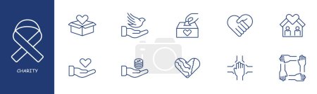 Ilustración de Icono de línea de conjunto de caridad. Caja, paloma, paz, donación, casa, robot de equipo. Colores pastel fondo Icono de línea vectorial para negocios y publicidad - Imagen libre de derechos