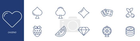 Illustration for Casino set line icon. Suit, strawberry, watermelon, cherry, wheel of fortune, reel, slot, jackpot. Pastel colors background Vector line icon for business and advertising - Royalty Free Image