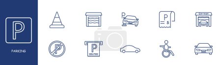 Illustration for Parking set line icon. Car, stroller, garage, cone, bill. Pastel colors background Vector line icon for business and advertising - Royalty Free Image