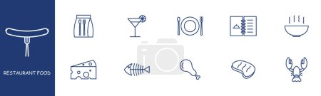 Téléchargez les illustrations : Restaurant nourriture set ligne icône. Emballage, poisson, os, poulet, steak, assiette, menu, propreté. Fond pastel couleurs. icône de ligne vectorielle pour les entreprises et la publicité - en licence libre de droit