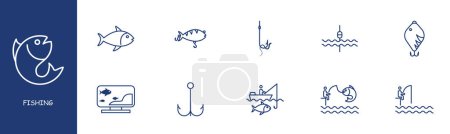 Illustration for Fishing set line icon. Wobbler, bait, fish, water, lake, ocean, boat, hook. Pastel colors background. Vector line icon for business and advertising - Royalty Free Image