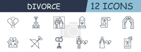 Divorce set line icon. Church, document, veil, rings, priest, ritual, Cupid. 12 line icon Vector line icon for business and advertising