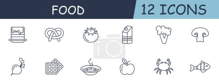 Téléchargez les illustrations : Icône de ligne de nourriture. bretzel, tomate, lait, brocoli, champignons, crabe, poisson, assiette, soupe, plat. Icône 12 lignes. icône de ligne vectorielle pour les entreprises et la publicité - en licence libre de droit