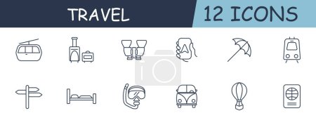 Illustration for Travel set line icon. Umbrella, train, binoculars, bed, GPS, smartphone, passport, document. 12 line icon. Vector line icon for business and advertising - Royalty Free Image