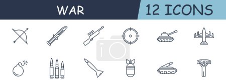 War set line icon. Knife, sight, rifle, tanks, equipment, bomb, rocket, cartridges. 12 line icon. Vector line icon for business and advertising